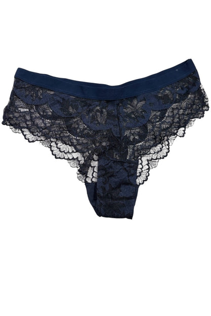 Navy blue lace underwear on a white background