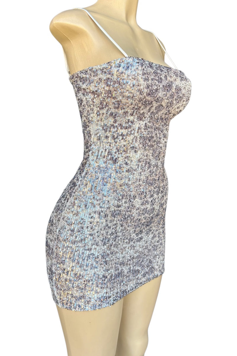 Taupe sequin dress on a mannequin against a white background