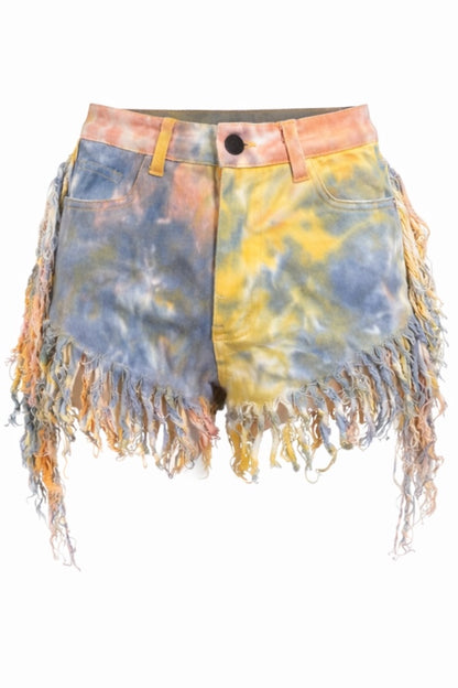 Tie-dye denim shorts with frayed edges on a white background