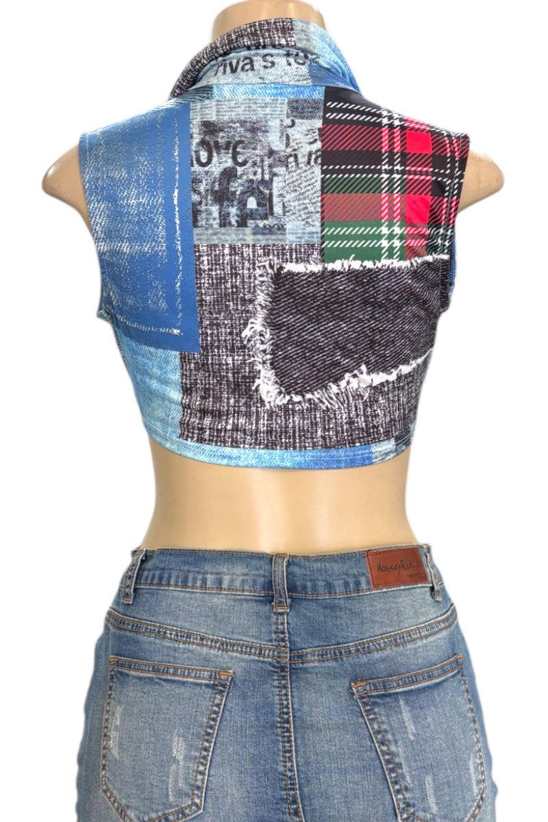 Mannequin wearing a patchwork top over a denim skirt on a white background
