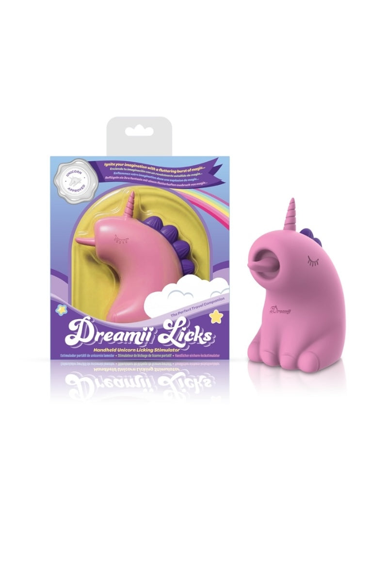 Pink unicorn-shaped toy with packaging labeled 'Dreamii Licka' on a white background