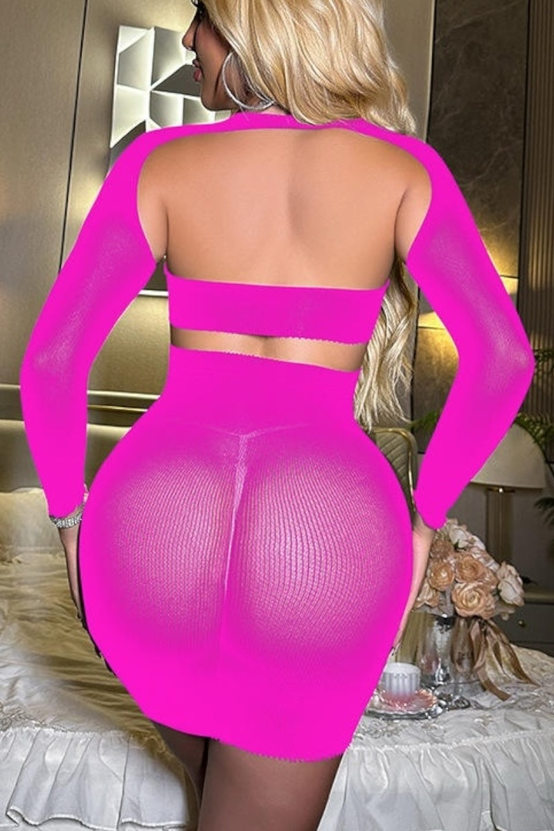 Person wearing a bright pink mesh outfit in an indoor setting.