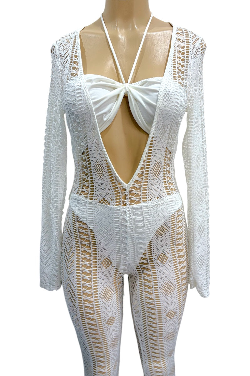White crochet outfit on a mannequin against a white background