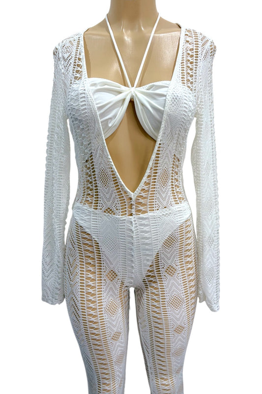 White crochet outfit on a mannequin against a white background