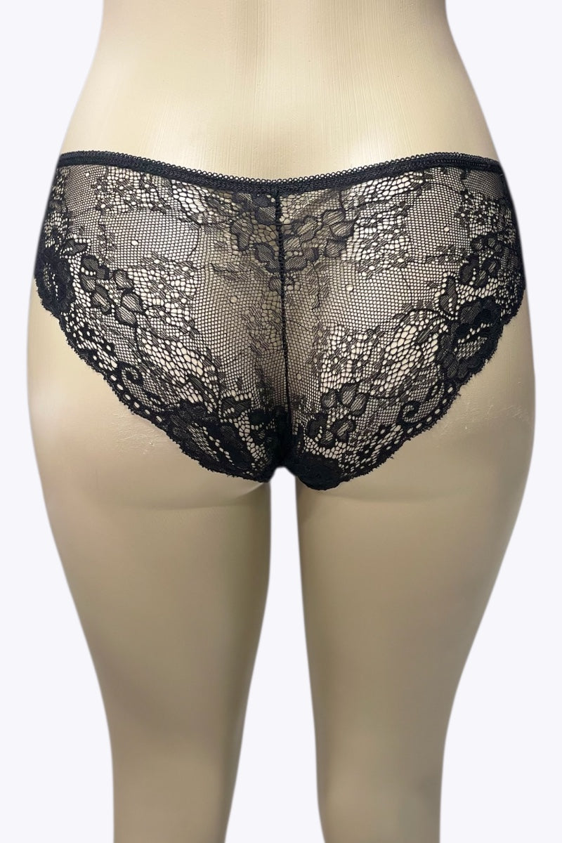 Black lace underwear on a mannequin against a white background