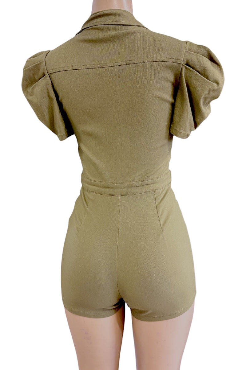 An olive green short romper with puff sleeves, shown from the back on a mannequin against a white background.