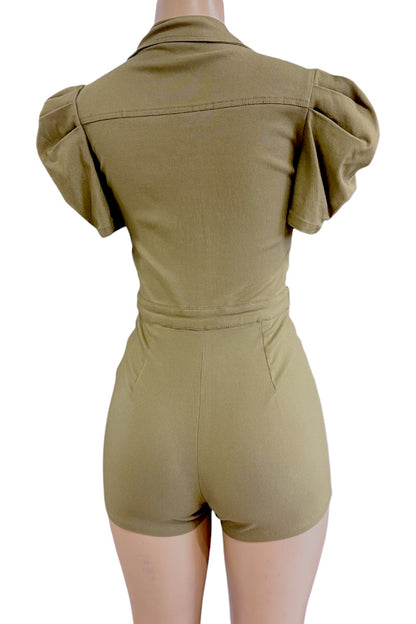 An olive green short romper with puff sleeves, shown from the back on a mannequin against a white background.