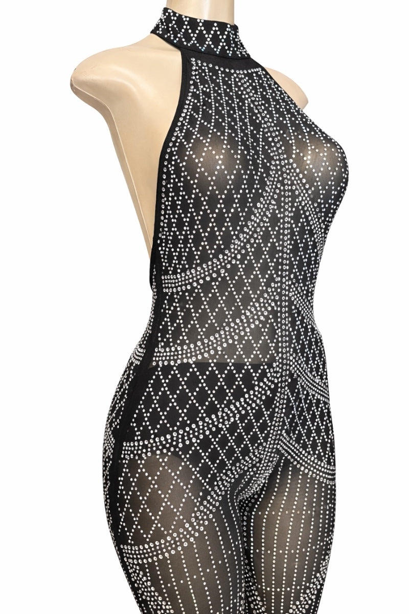 Black mesh jumpsuit with diamond pattern on a mannequin against a white background