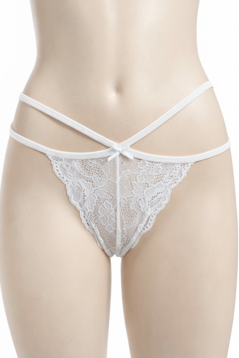 White lace thong on a mannequin against a white background