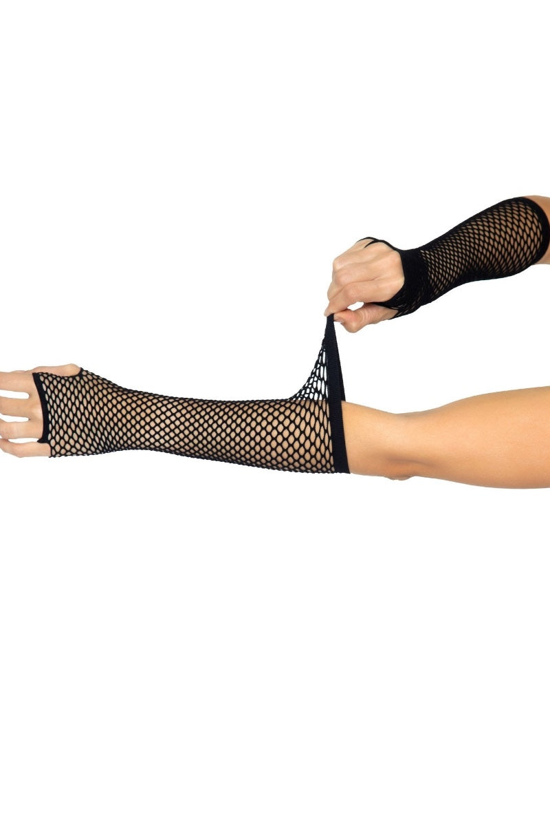 Black fishnet arm sleeves being worn and adjusted on a model's arm and leg against a plain white background.