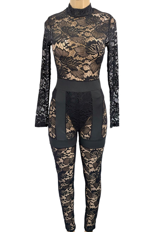 Black lace bodysuit with long sleeves on a white background