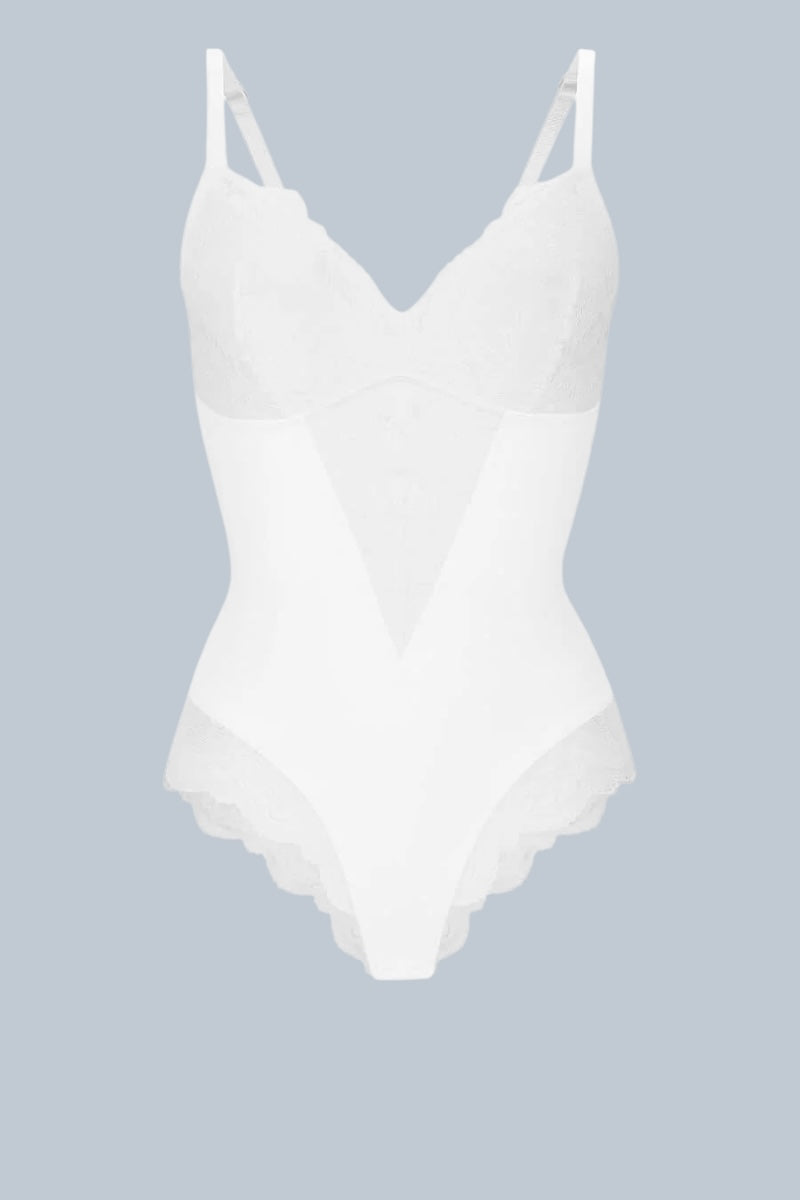 White bodysuit on a light gray background