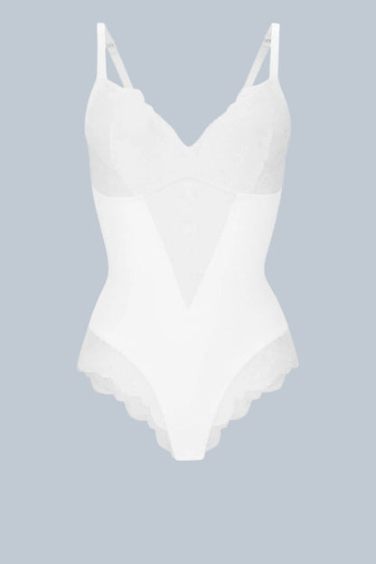 White bodysuit on a light gray background