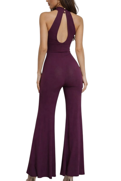 Plum jumpsuit with open back on a white background