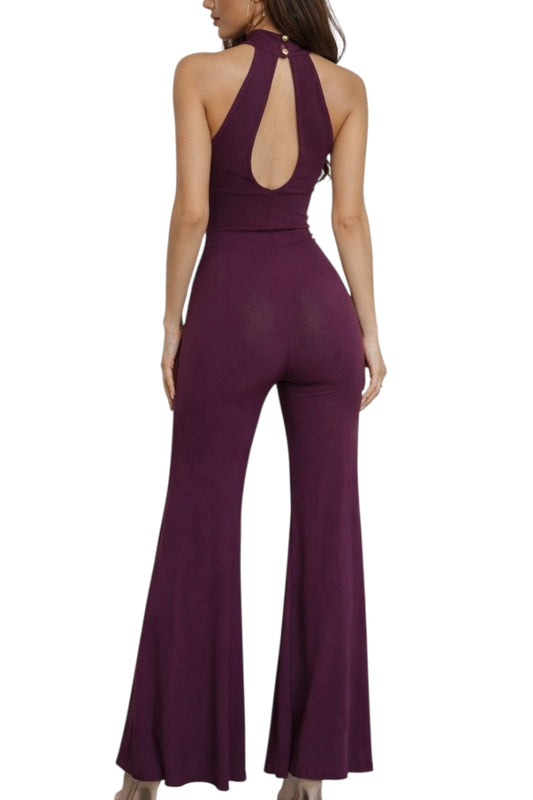 Plum jumpsuit with open back on a white background