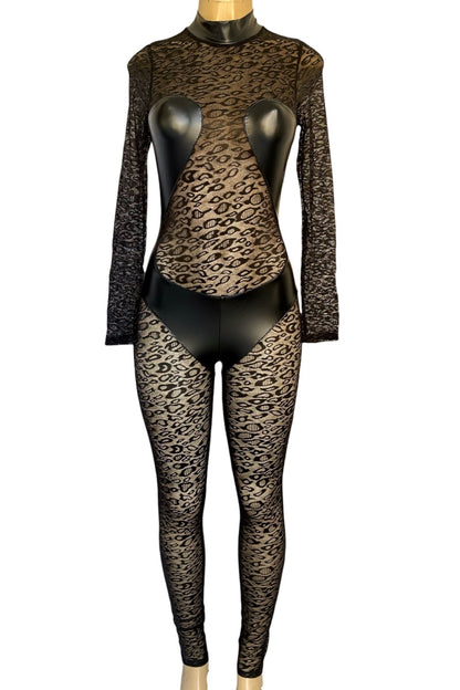 Leopard print bodysuit with long sleeves on a white background