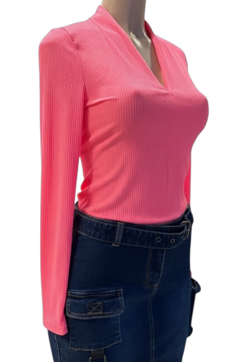Pink long-sleeve top worn by a mannequin on a white background