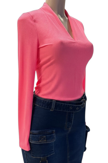 Pink long-sleeve top worn by a mannequin on a white background