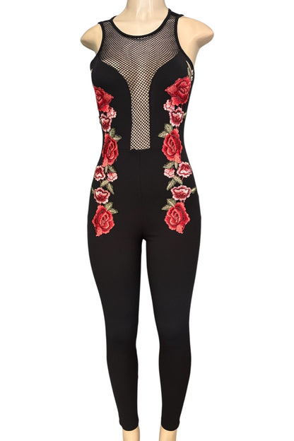 A sleeveless black bodysuit with a sheer mesh yoke and red rose embroidery down the sides, displayed on a mannequin against a white background.