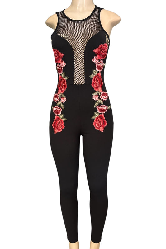 A sleeveless black bodysuit with a sheer mesh yoke and red rose embroidery down the sides, displayed on a mannequin against a white background.