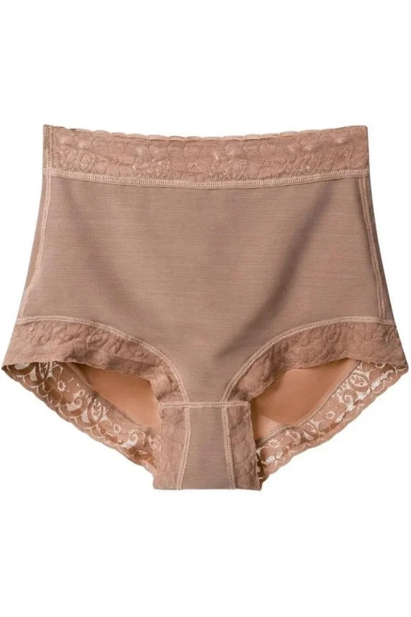 Beige women's underwear with lace trim on a white background
