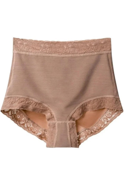 Beige women's underwear with lace trim on a white background