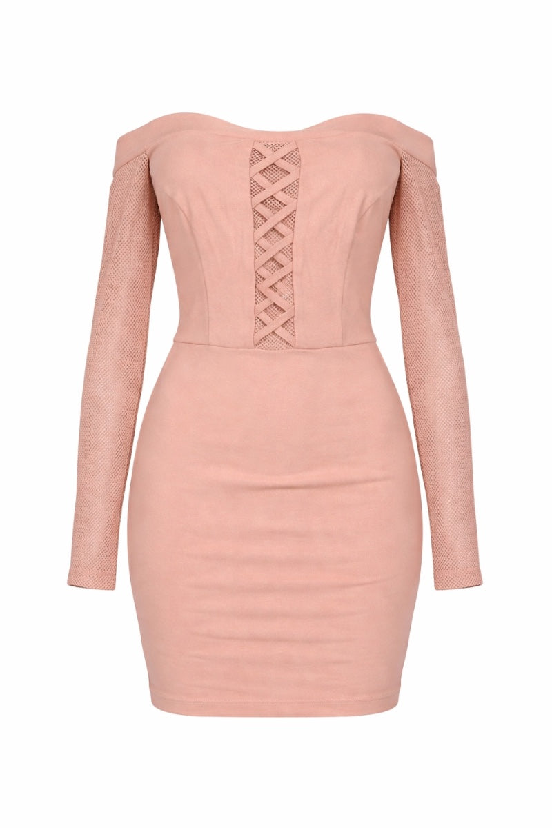 Beige dress with long sleeves and a lattice front on a white background
