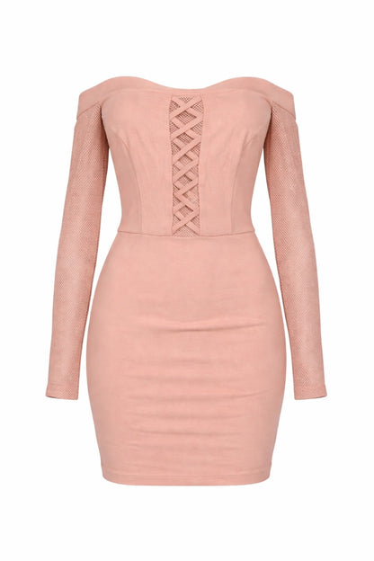 Beige dress with long sleeves and a lattice front on a white background