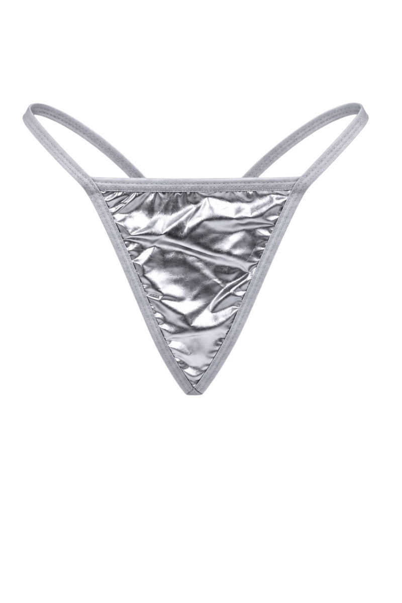 A metallic silver thong-style bikini bottom with thin shoulder straps and a crinkled, shiny fabric front, shown against a plain white background.