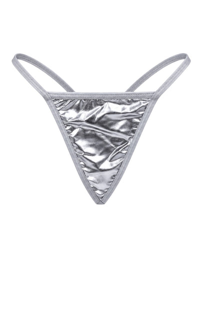 A metallic silver thong-style bikini bottom with thin shoulder straps and a crinkled, shiny fabric front, shown against a plain white background.
