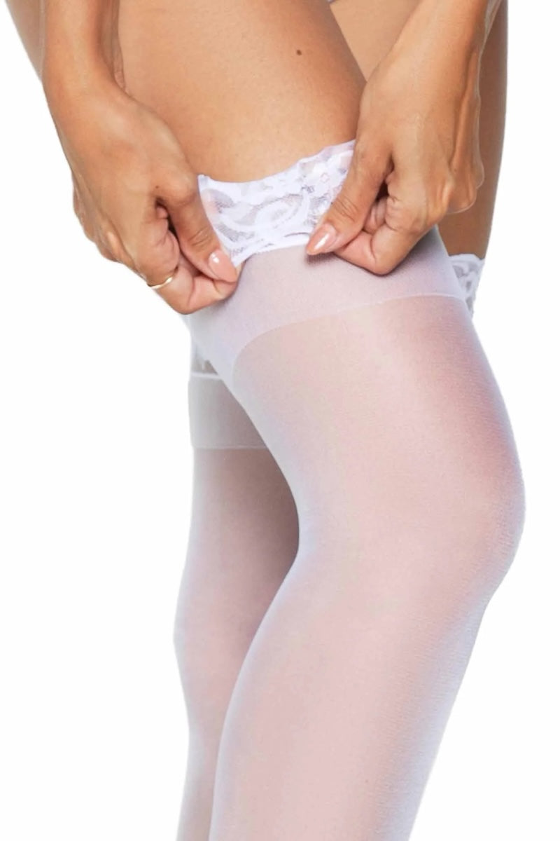 White sheer stockings worn by a person on a white background