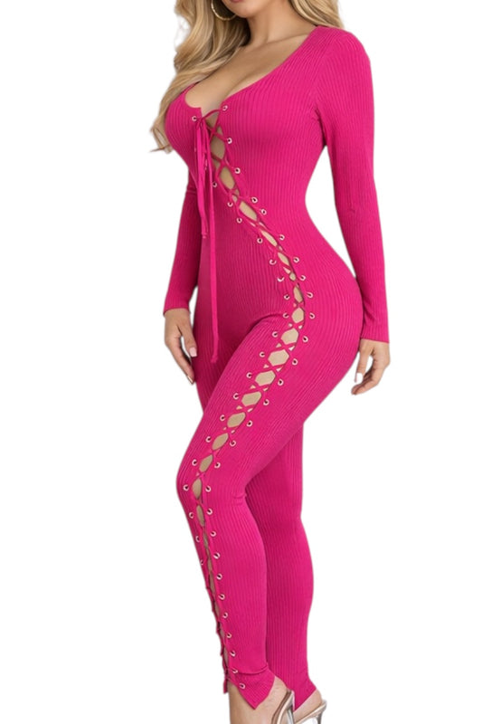 Pink ribbed jumpsuit with cut-out details on a white background