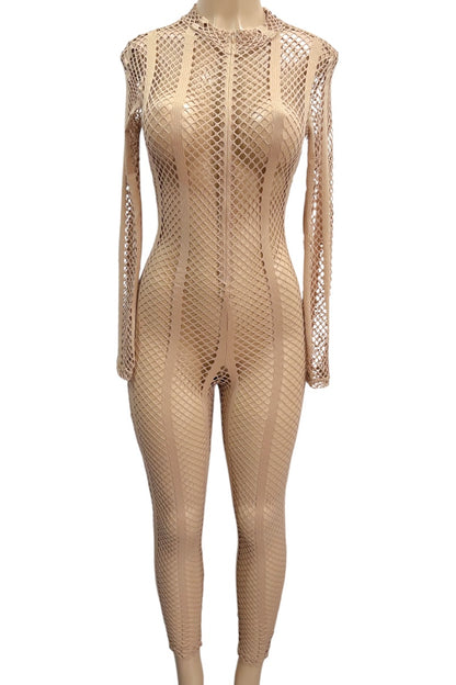 Beige fishnet bodysuit on a mannequin against a white background