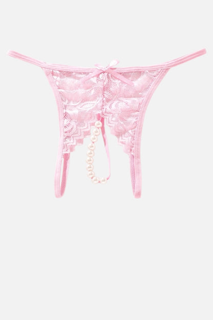 Light pink lace thong with a pearl bead chain and a small bow at the front, displayed against a light gray background.