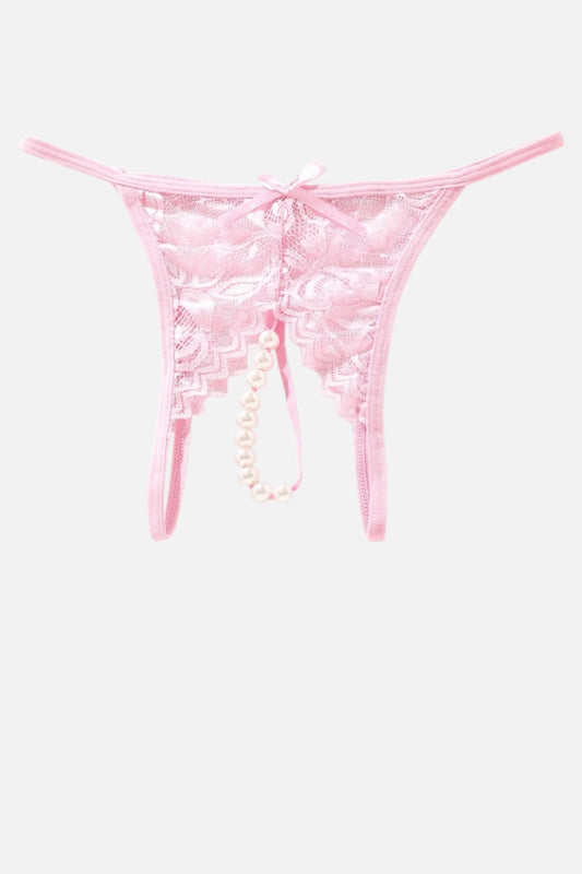 Light pink lace thong with a pearl bead chain and a small bow at the front, displayed against a light gray background.