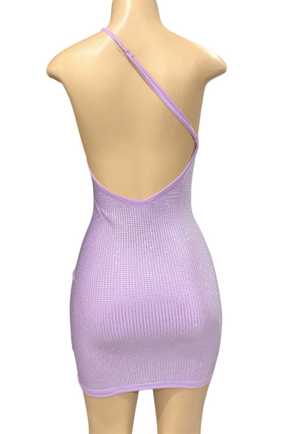 Lavender dress on a mannequin with a white background