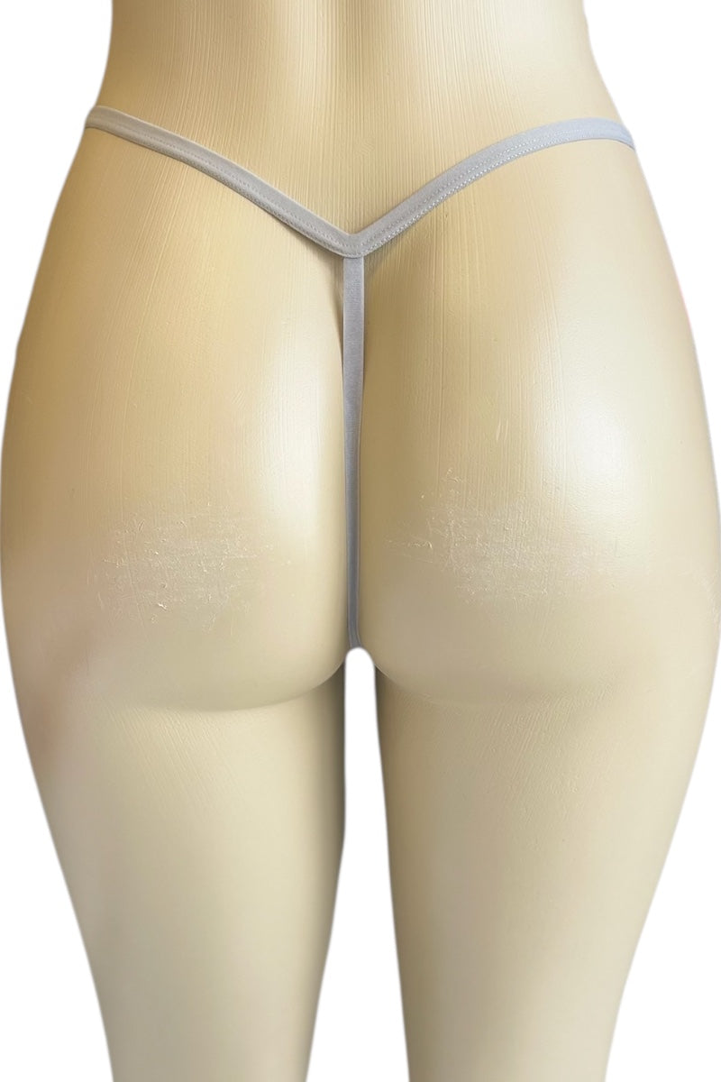 grey thong on a mannequin against a white background