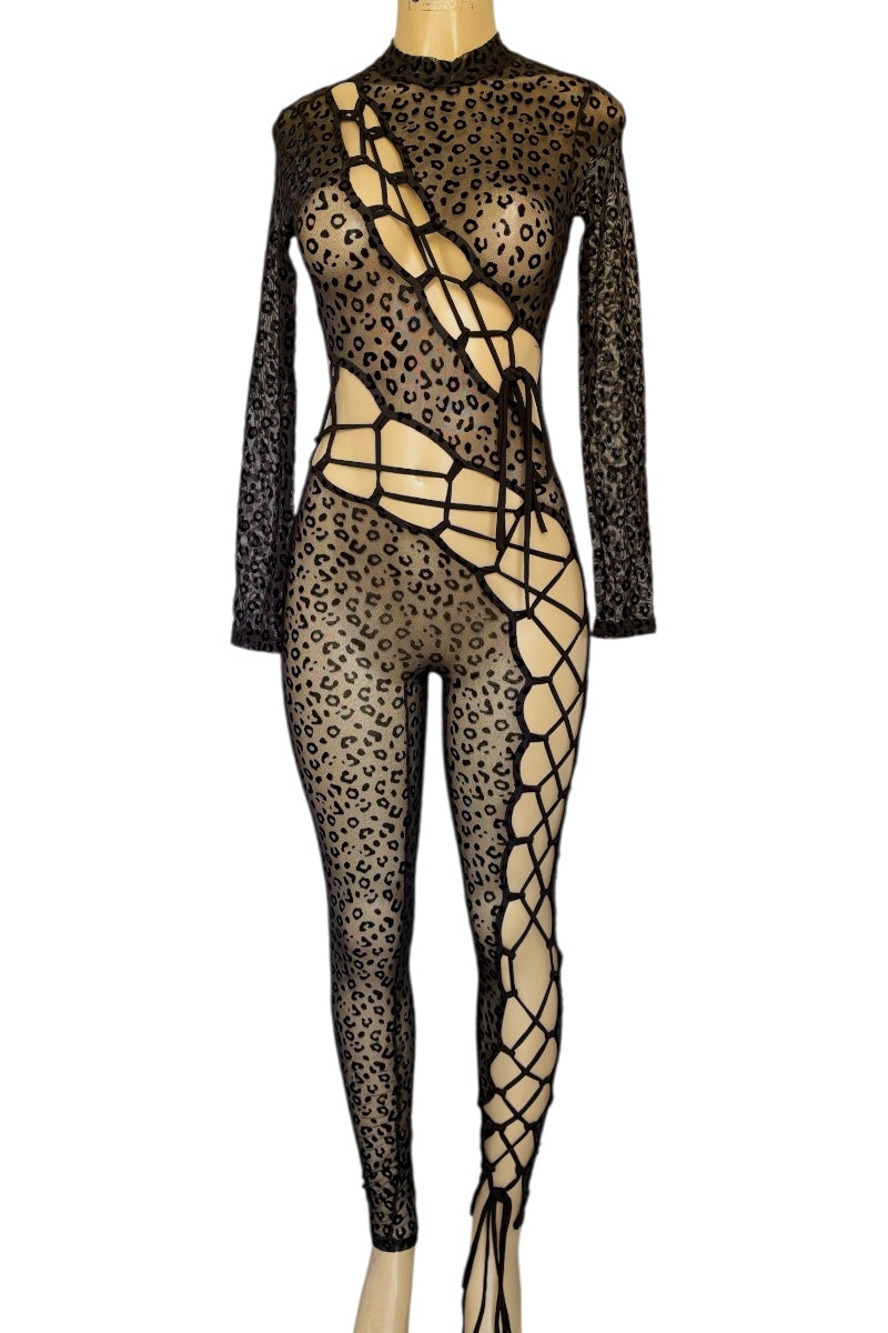 Leopard print bodysuit with mesh panels on a white background