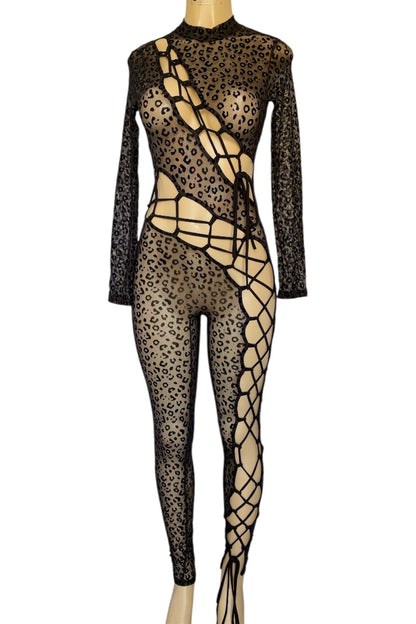 Leopard print bodysuit with mesh panels on a white background