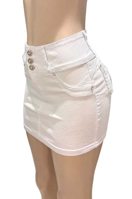 White denim skirt on a mannequin with a white background
