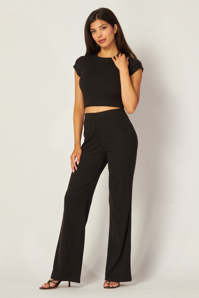 Soft Ribbed Crop Tee Wide Leg Pant Set