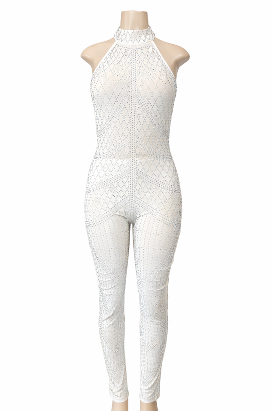 White rhinestone jumpsuit on a mannequin against a white background