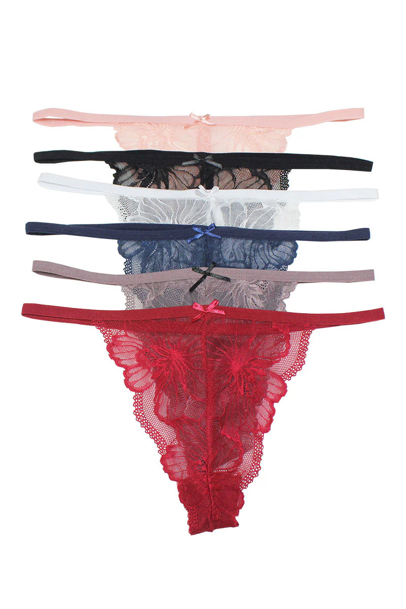 Set of lace-trimmed panties in various colors on a white background