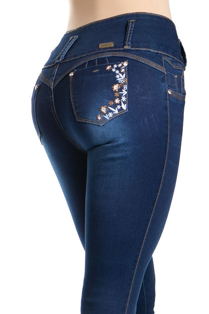 Embroidered Flowers Midi Rise Solid Skinny Jeans