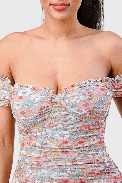  Floral Mesh Sweetheart Off Shoulder Mini Dress