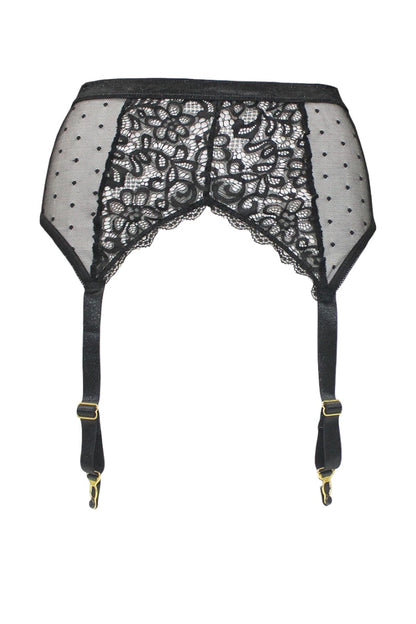 Black lace garter belt with suspenders on a white background
