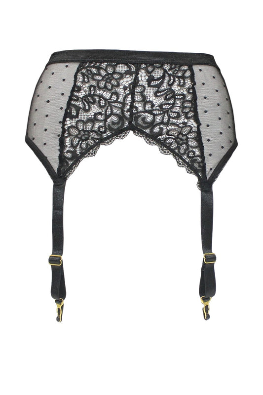 Black lace garter belt with suspenders on a white background