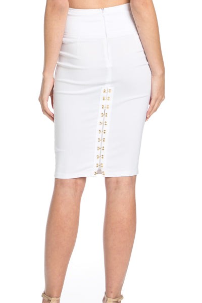 White pencil skirt with decorative buttons on a white background