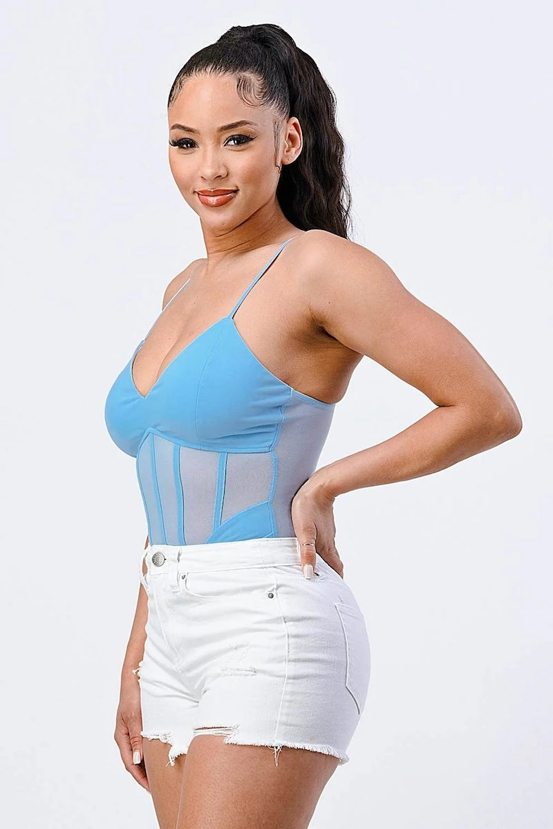Luxe Super Stretch Mesh Contrast Bodysuit - Light Blue