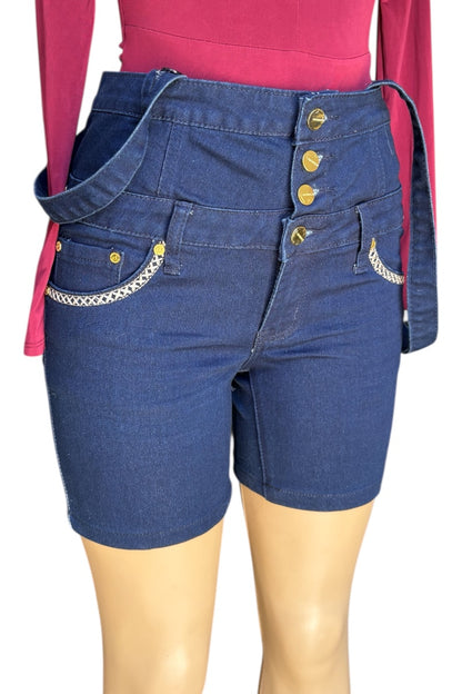 Blue denim shorts with gold buttons on a mannequin against a white background